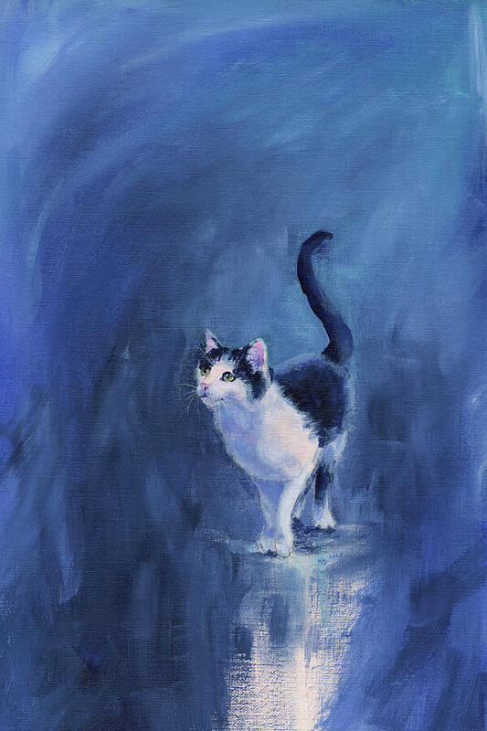 A black and white Tuxedo cat stands in front of a dreamy abstract background in various shades of blue and gazes curiously upwards. Soft, loose, abstract brushstrokes create a sense of depth and movement around the cat. The cat's tail is raised in a curved shape.
Happy Tuxedo Cat is an acrylic painting in portrait format hand-painted by the artist Karen Kaspar.