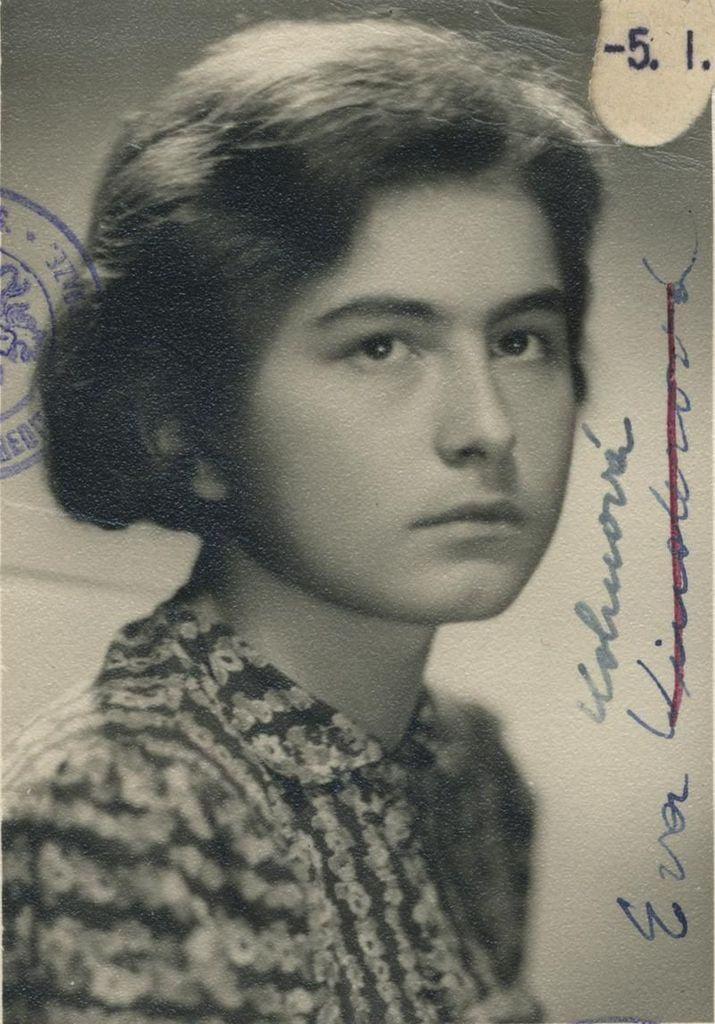 Vintage portrait of a woman, wearing a patterned blouse. The image includes embossed seals and signatures over the top left corner.