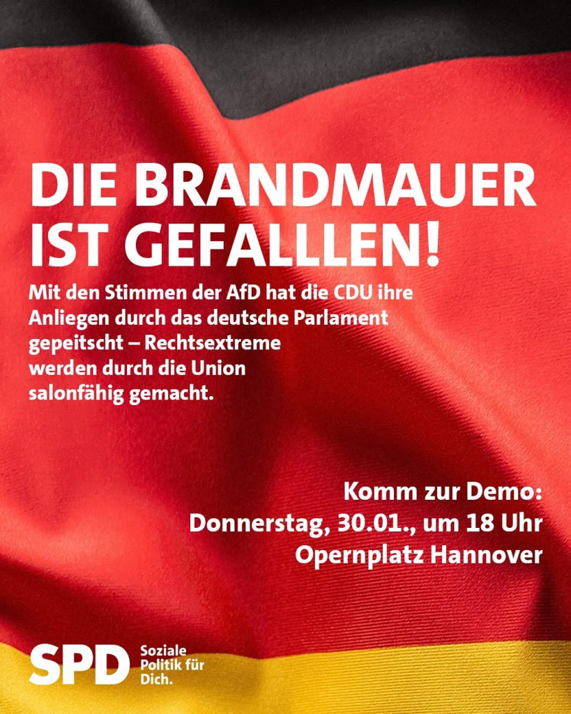 Aufruf mit dem Text:
"Die Brandmauer ist gefallen ... Komm zur Demo" Im Hintergrund die Deutschlandflagge