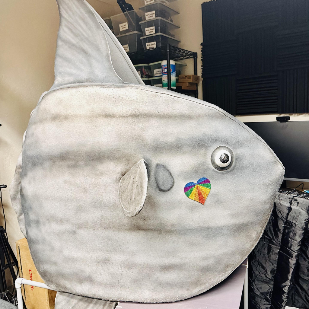 A sunfish costume with a pride flag