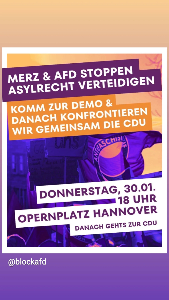 Demoaufruf Do. 30.01.25
18Uhr
Opernplatz #Hannover