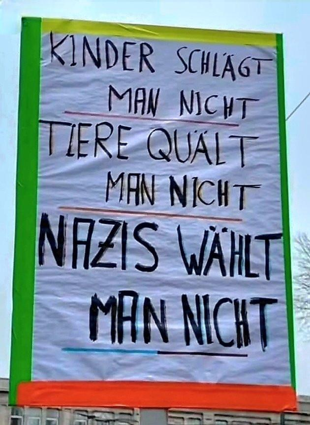 Ein selbstgeschriebenes Plakat:
KINDER SCHLAGT MAN NICHT 
TIERE QUALT MAN NICHT
NAZIS WÄHLT MAN NICHT