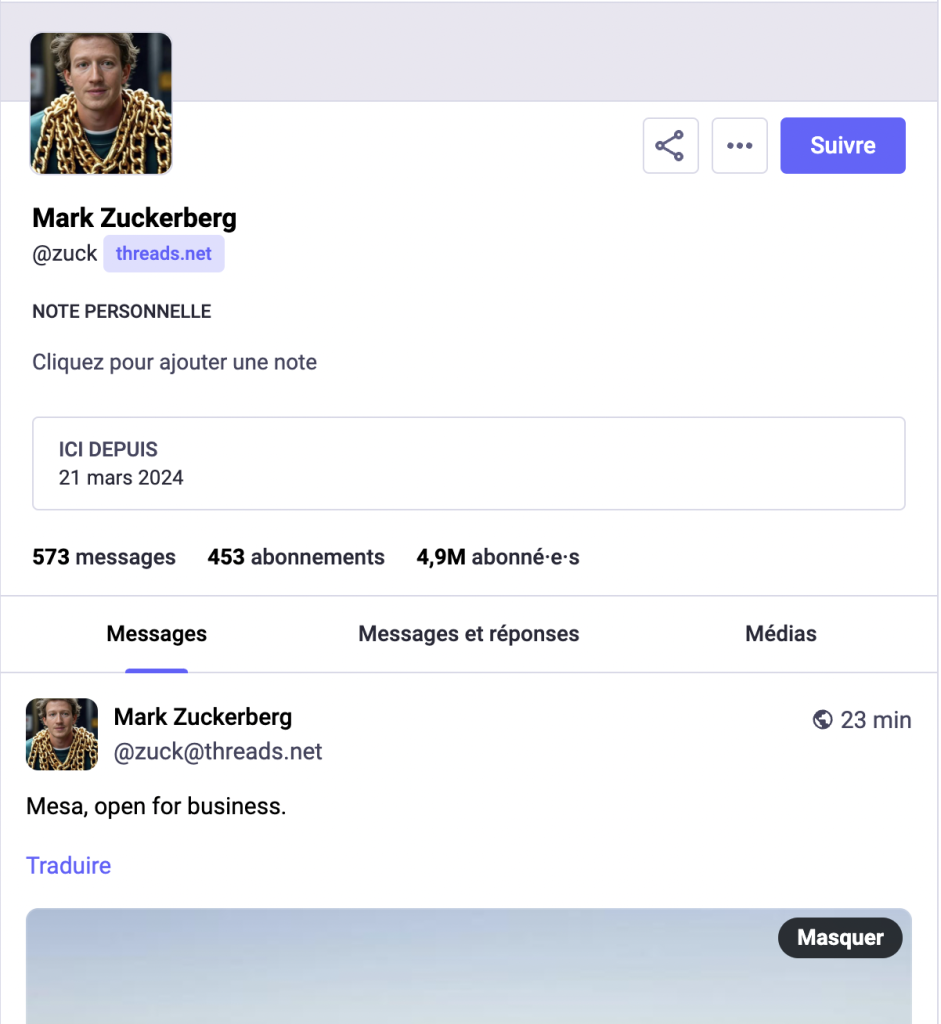 Capture d'écran du compte de Zuckerberg sur Mastodon...Mais que fait-il là?