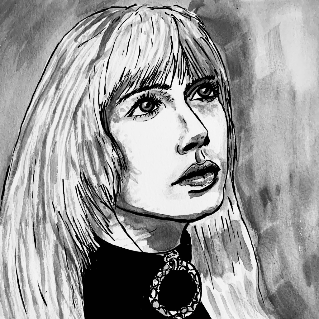 A black and white illustration of a woman with long straight hair, looking upward. She appears contemplative and is wearing a dark-colored outfit with a decorative collar. The background is textured, enhancing the contrast of the figure.