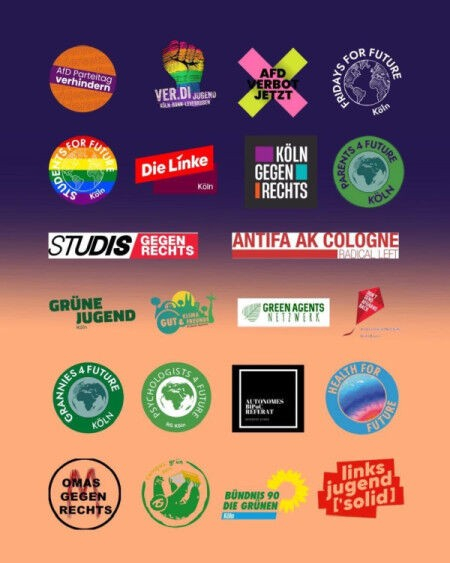 Das Bild zeigt eine Collage aus Logos verschiedener politischer und sozialer Gruppen aus Köln. Die Logos stehen für verschiedene Anliegen, darunter der Kampf gegen Rechts, Klimaschutz, und die Unterstützung von Minderheiten. Es sind viele unterschiedliche Organisationen abgebildet, deren Namen in ihrer jeweiligen Logo-Grafik zu lesen sind. Die Logos sind in verschiedenen Farben und Designs gehalten, einige nutzen grüne und blaue Farbtöne, andere sind farbiger. Das gesamte Bild ist auf einem orangefarbenen Hintergrund angeordnet.