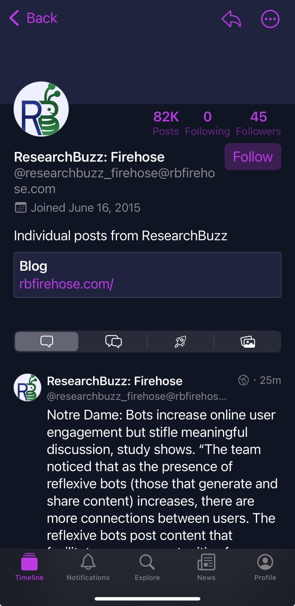 Screenshot of the mastodon profile for ResearchBuzz: Firehose. It shows follower count as 82K posts, 0 following, and 45 followers. The follow button is unchecked. The first post from ResearchBuzz is visible at the bottom third of the page. 