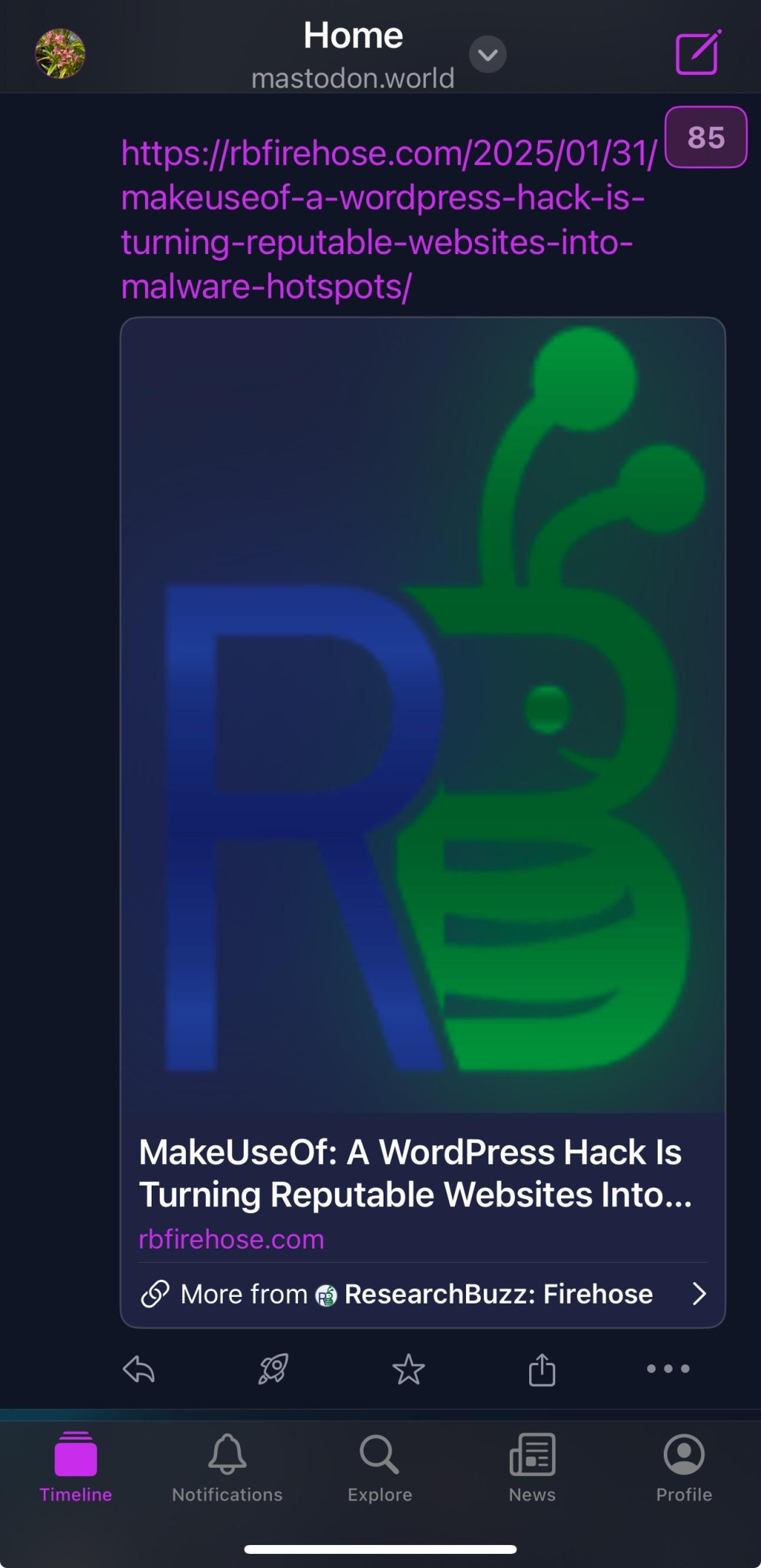 Screenshot of a link to “MakeUseOf: A WordPress Hack Is Turning Reputable Websites Into…” there is also a logo with a big blue letter R, touching an equally large letter B. The letter B is green, has antennae and resembles a bumblebee. 