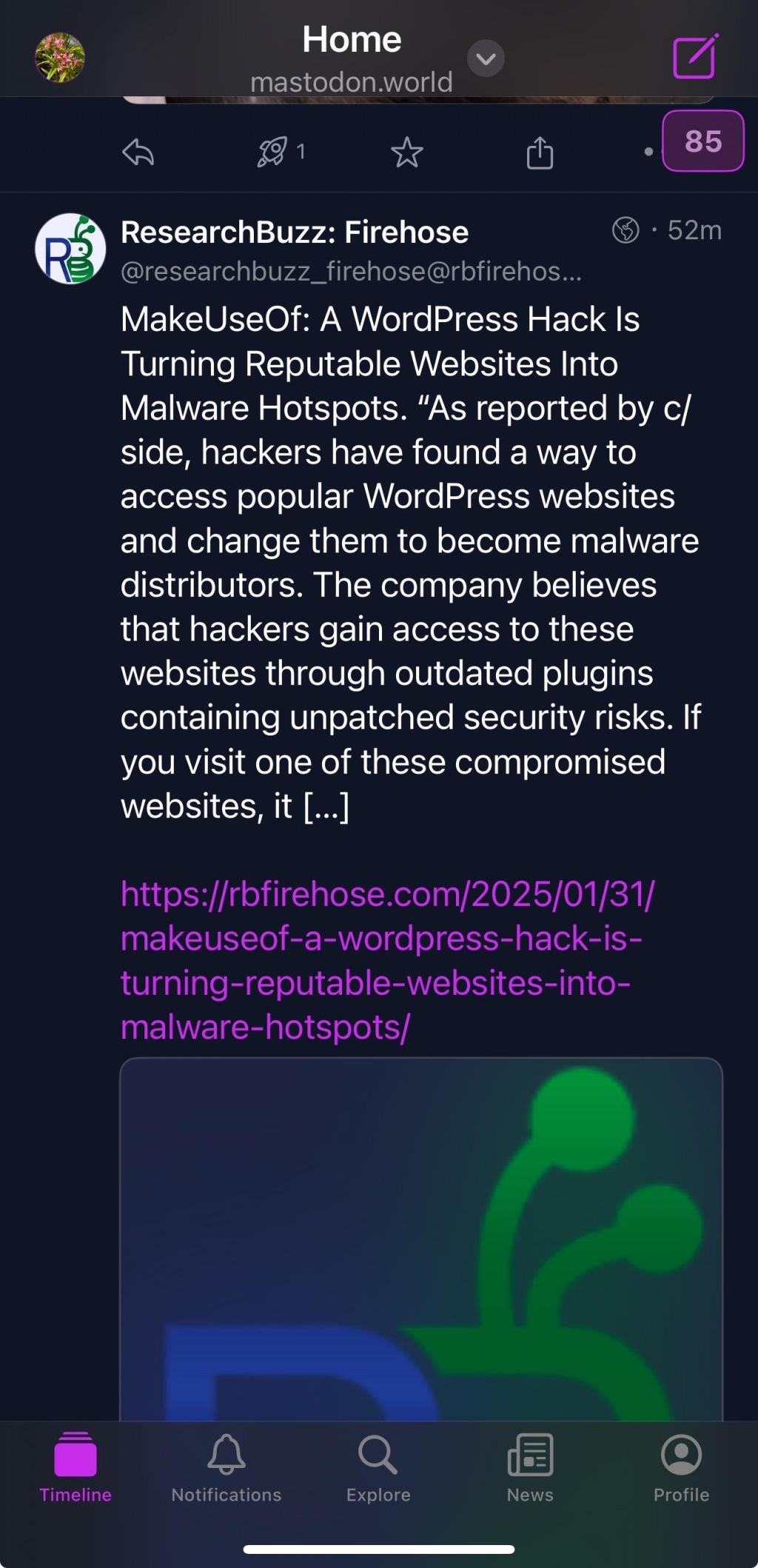 Screenshot of a post on Mastodon from ResearchBuzz: Firehose about their link to an article about how hackers are turning Wordpress website into malware distributors. 