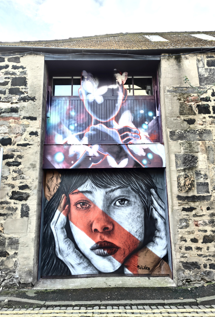 A colour photograph of a mural in Leith. The mural fills a wall, two storeys high, in a stone building, possibly a former warehouse, and consists of two images.

The lower image is a monochrome portrait of the face of a young woman. Her hands cradle her head. Across the image diagonally from top left to bottom right is a large red stripe. The red paint does not obscure the image below it.

The upper image of the mural shows some flower-like structures painted in blue and purple against a dark black background, so they look like they're in outer space. It has a very psychedelic vibe.