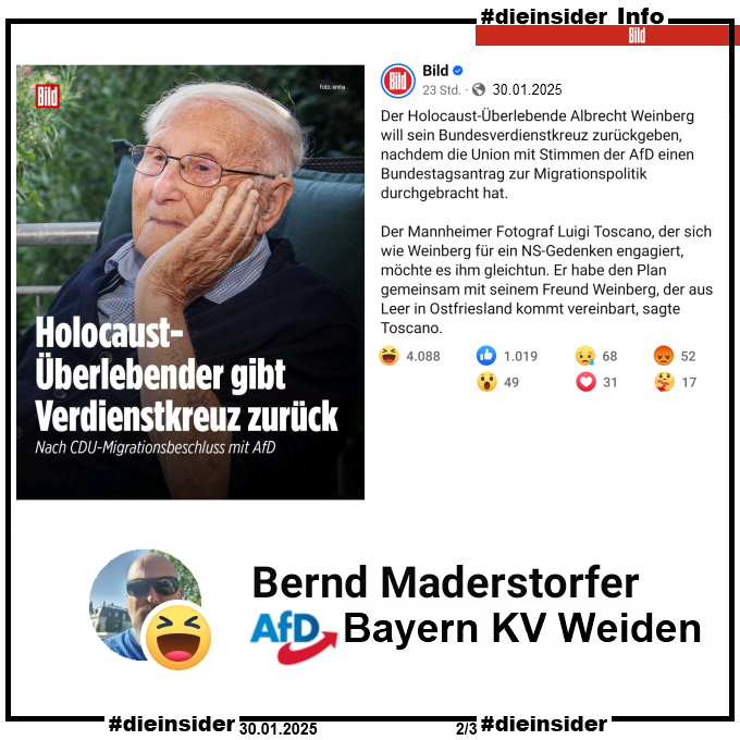 Als Info zeigen wir hier den Post vom 30.01.2025 der bild.

Mit einem Lach-Emoji liket u.a. Bernd Maderstorfer von der AfD Weiden in Bayern den Beitrag.

Auf dem Bild mit dem Holocaust-Überlebenden Albrecht Weinberg steht "Holocaust-Überlebender gibt Verdienstorden zurück. Nach CDU-Migrationsbeschluss mit AfD.".

Dazu heißt es noch im Text 

"Der Holocaust-Überlebende Albrecht Weinberg will sein Bundesverdienstkreuz zurückgeben, nachdem die Union mit Stimmen der AfD einen Bundestagsantrag zur Migrationspolitik durchgebracht hat. Der Mannheimer Fotograf Luigi Toscano, der sich wie Weinberg für ein NS-Gedenken engagiert, möchte es ihm gleichtun. Er habe den Plan gemeinsam mit seinem Freund Weinberg, der aus Leer in Ostfriesland kommt vereinbart, sagte Toscano."
