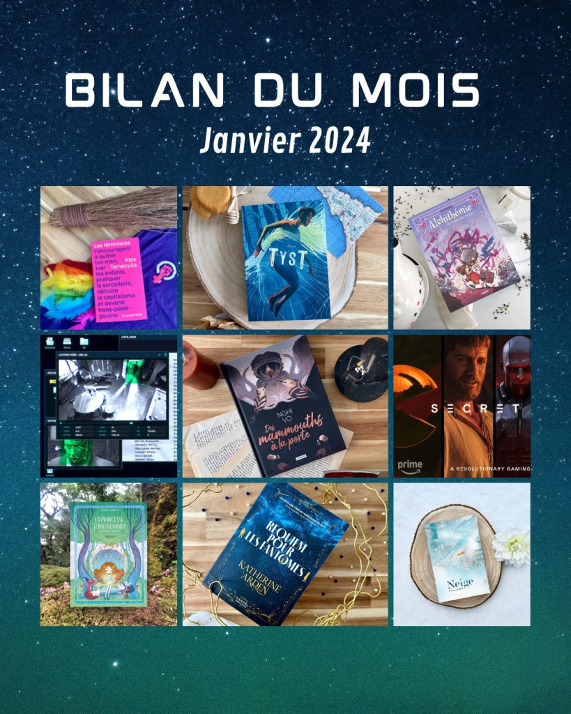 Fond étoilé avec écrit « Bilan du mois Janvier 2025 » avec des images des 7 livres lus, de la série Secret level et du jeu The Operator