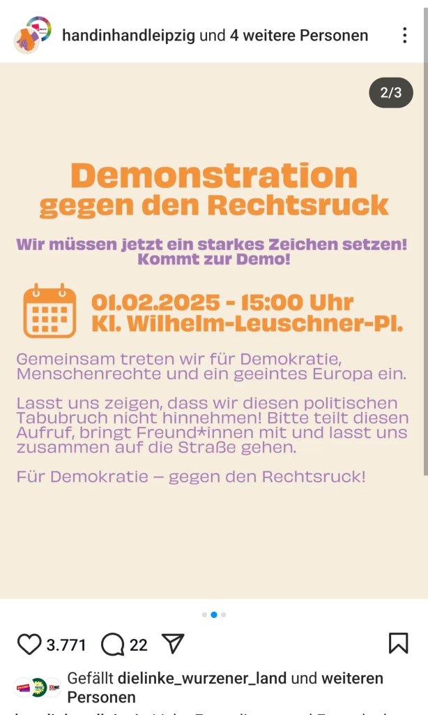 Post von handinhandleipzig auf anderen Social Media Kanälen mit Info zu Demonstration 