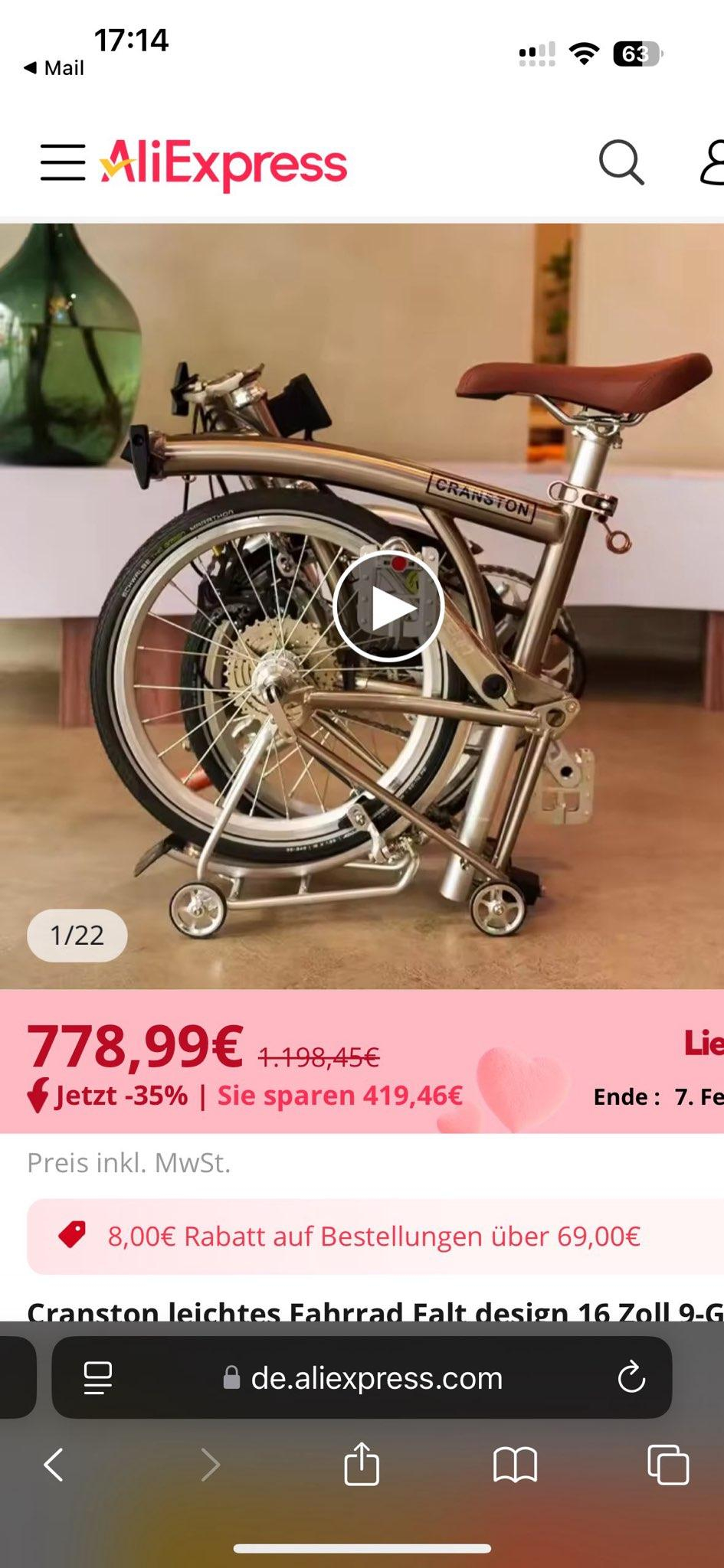 Picture of folded folding bike with price tag (800€)