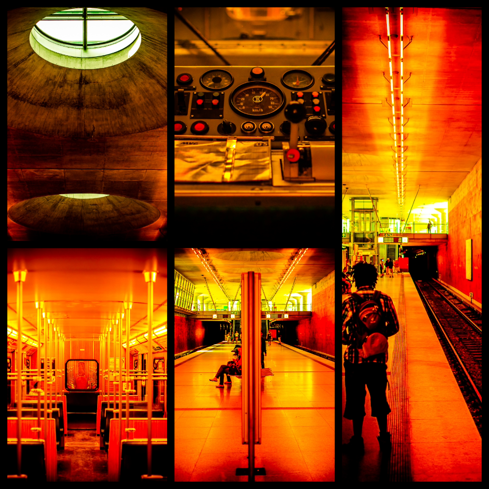 Eine Collage aus 5 Bildern, die in einem orange/grünen Look (Cross Processing) bearbeitet wurden. Die Collage zeigt Szenen aus einer U-Bahn und einer U-Bahn Haltestelle.