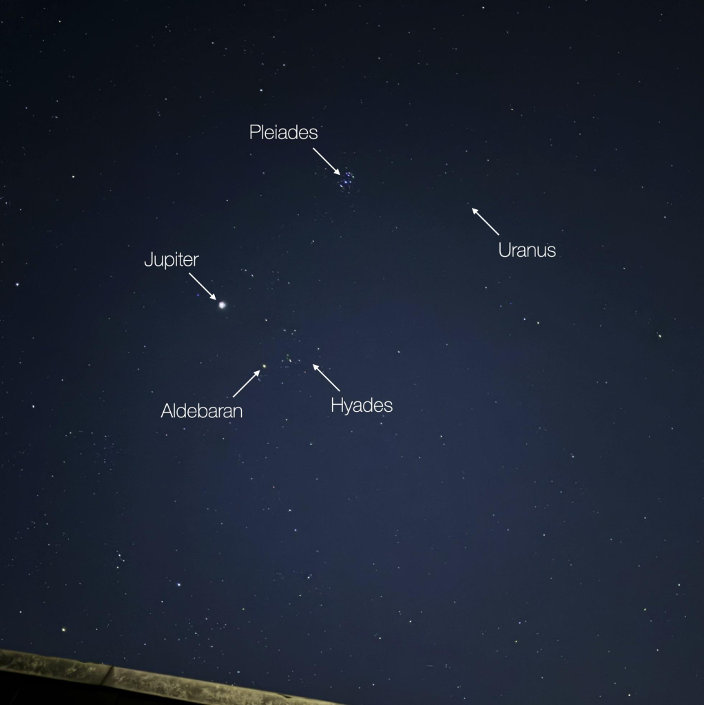 An annotated iPhone night mode image showing stars on the night sky. The sky is fairly blue as it was still twilight, but the Pleiades and Hyades star cluster are visible, as are the planets Jupiter and Uranus. 