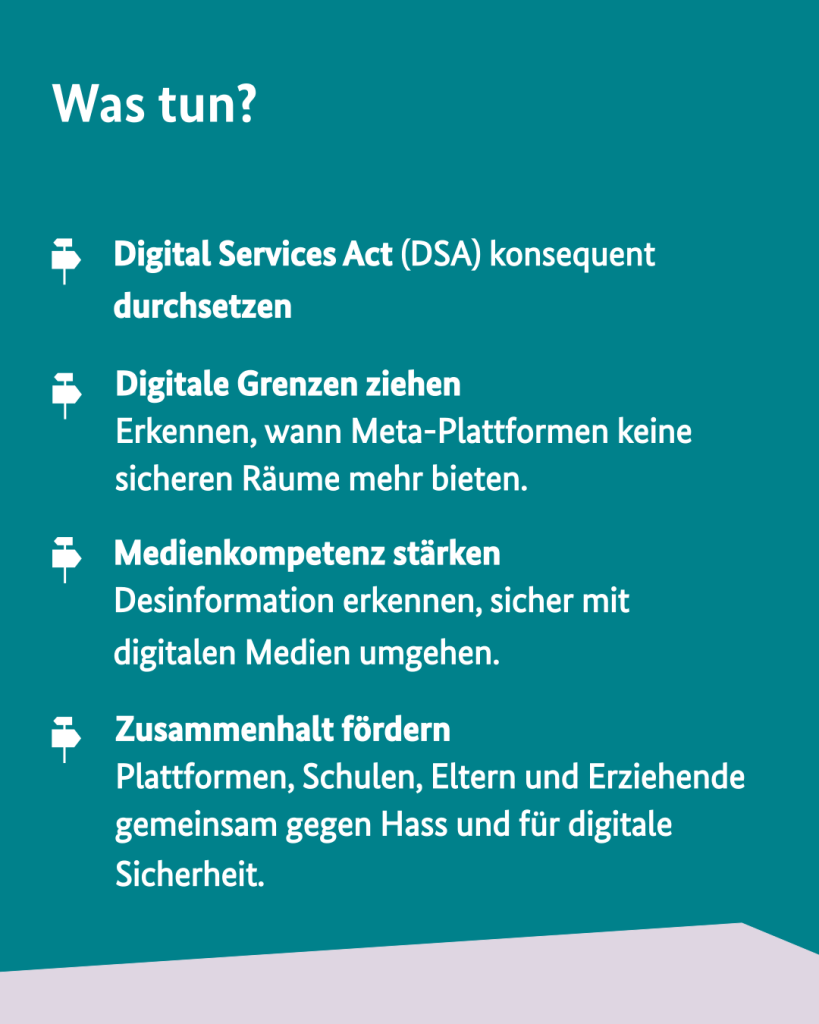 Was tun?
- Digital Services Act (DSA) konsequent durchsetzen 
- Digitale Grenzen ziehen
Erkennen, wann Meta-Plattformen keine sicheren Räume mehr bieten.
- Medienkompetenz stärken
Desinformation erkennen, sicher mit digitalen Medien umgehen.
- Zusammenhalt fördern
Plattformen, Schulen, Eltern und Erziehende gemeinsam gegen Hass und für digitale Sicherheit.
