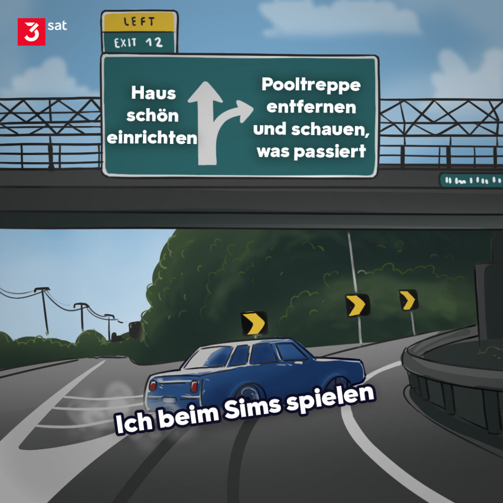 Bildbeschreibung: Illustration. Zu sehen ist ein PKW, der mit qualmenden Reifen auf eine Autobahnausfahrt schlingert. Auf dem Schild steht "Haus schön einrichten" geradeaus, rechts "Pooltreppe entfernen und schauen, was passiert.