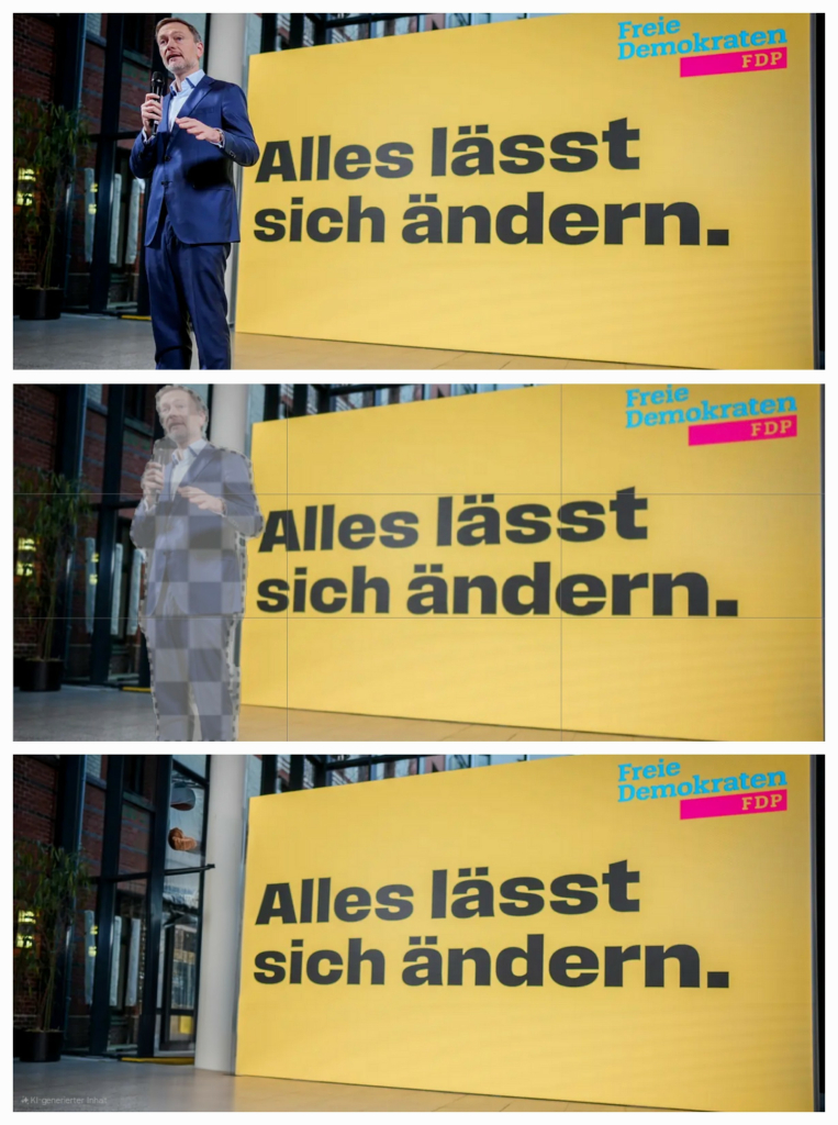 Lindner löst sich vor "Alles lässt sich ändern" Plakat in Luft auf