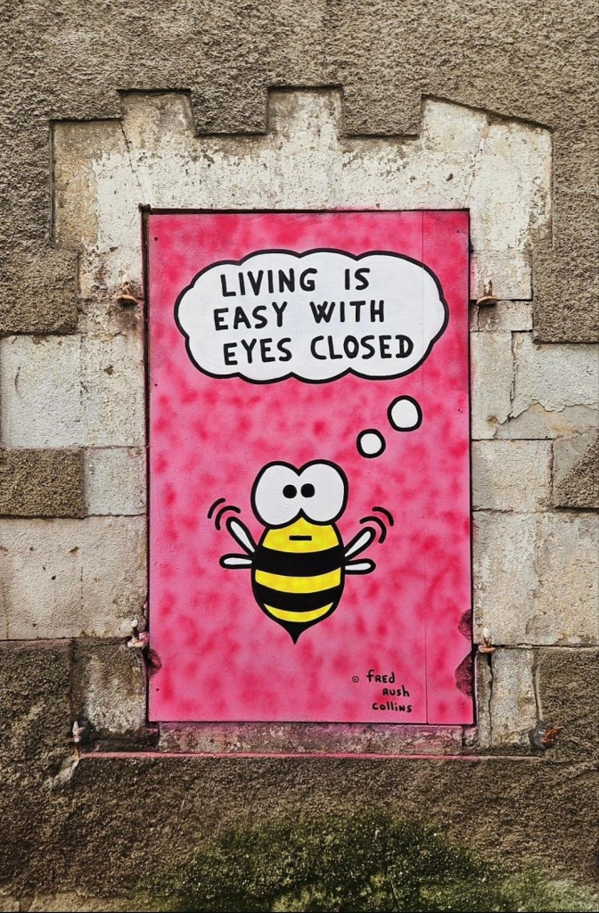 Streetartwall. A small mural of a bee with a message was sprayed onto a bricked-up window. The background is a rectangle in pink. It shows a flying, cute cartoon bee with big eyes looking at the viewer. Above it is a thought bubble with the text: "Life is easy with eyes closed". 
Info: This probably means that you live much more simply and at the expense of others if you don't want to see what's going on around you and don't care about anything or anyone else.
The Artist: "The day bullshit fell from the sky, only a few people had an umbrella."