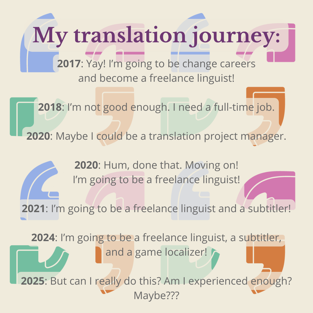 My translation journey:
2017: Yay! I’m going to be change careers
and become a freelance linguist!

2018: I’m not good enough. I need a full-time job.

2020: Maybe I could be a translation project manager.

2020: Hum, done that. Moving on!
I’m going to be a freelance linguist!

2021: I’m going to be a freelance linguist and a subtitler!

2024: I’m going to be a freelance linguist, a subtitler,
and a game localizer!

2025: But can I really do this? Am I experienced enough? Maybe???