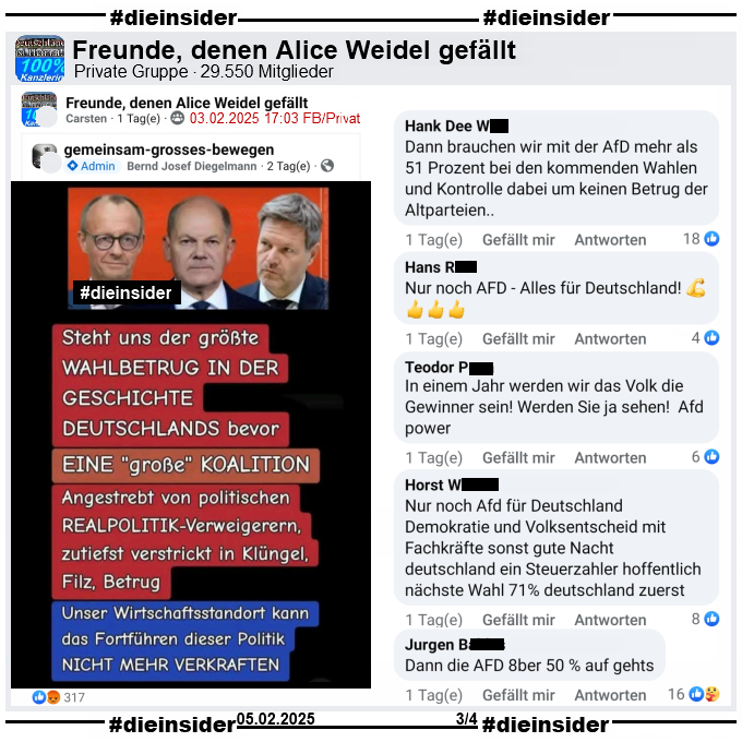 Geteilt wird ein Sharepic mit Merz, Scholz und Habeck und dem Text "Steht uns der größte Wahlbetrug in der Geschichte Deutschlands bevor. Eine große Koalition. Angestrebt von politischen Realpolitik-Verweigerern, zutiefst verstrickt in Klüngel, Filz, Betrug. Unser Wirtschaftsstandort kann das Fortführen dieser Politik nicht mehr verkraften."

Wir zeigen hier den Post aus der privaten Gruppe "Freunde, denen Alice Weidel gefällt" mit den Kommentaren 
"Dann brauchen wir mit der AfD mehr als 51 Prozent bei den kommenden Wahlen und Kontrolle dabei um keinen Betrug der Altparteien..", "Nur noch AFD - Alles für Deutschland!", "In einem Jahr werden wir das Volk die Gewinner sein! Werden Sie ja sehen! Afd power.", "Nur noch Afd für Deutschland Demokratie und Volksentscheid mit Fachkräfte sonst gute Nacht deutschland ein Steuerzahler hoffentlich nächste Wahl 71% deutschland zuerst." und "Dann die AFD 8ber 50 % auf geht's."
