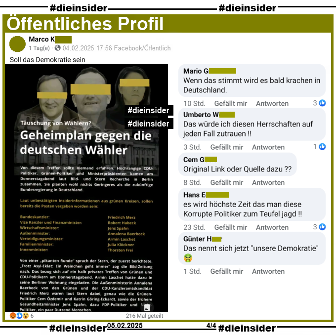 Auf Slide 4 zeigen wir noch den Ursprungspost "Täuschung von Wählern? Geheimplan gegen die deutschen Wähler" und "Soll das Demokratie sein." vom Verfasser.
Dieser Post wurde bisher über 200 Mal geteilt.

Wir zeigen u.a. die Kommentare 
"Wenn das stimmt wird es bald krachen in Deutschland.", "Das würde ich diesen Herrschaften auf jeden Fall zutrauen!", "Original Link oder Quelle dazu?", "es wird höchste Zeit das man diese Korrupte Politiker zum Teufel jagd!" und "Das nennt sich jetzt unsere Demokratie"
