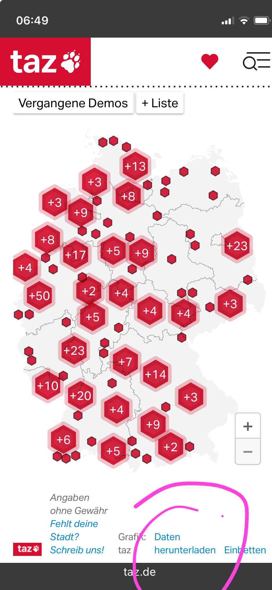 Screenshot einer übersichtlichen Kartendarstellung mit Exportfunktion der Datenbasis (Quelle: taz.de).