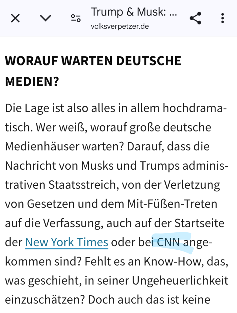 Screenshot aus dem verlinkten Artikel. Es geht darum, dass die Nachricht von Musks und Trumps administrativen Staatsstreich wohl noch nicht bei nyt oder CNN angekommen ist.