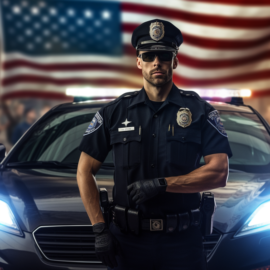 American police man standing before an American flag to deliver American justice to Americans