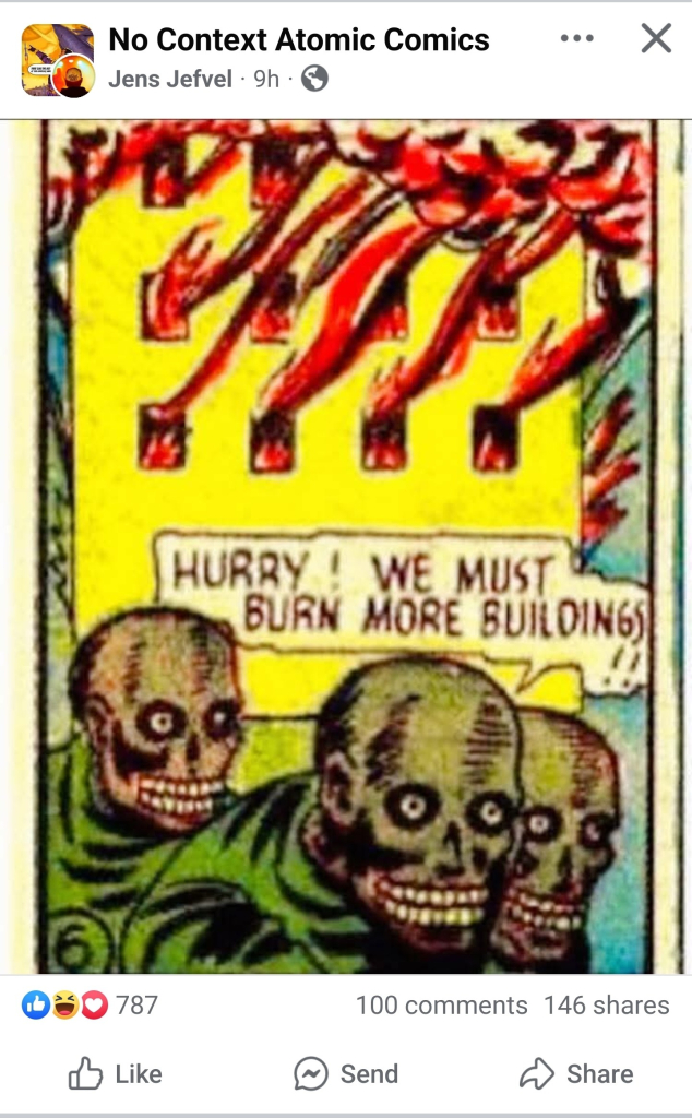 Comic book Creatures in front of a burning building saying "Hurry! We must burn more buildings!"