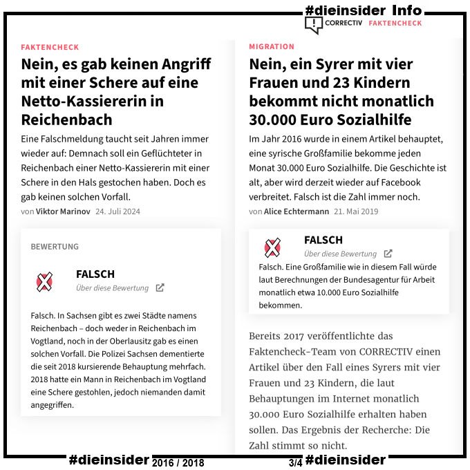 Hier zeigen wir als Info den Bericht von Correctiv zum Netto Reichenbach "Nein, es gab keinen Angriff mit einer Schere auf eine Netto-Kassiererin in Reichenbach"

"Eine Falschmeldung taucht seit Jahren immer wieder auf: Demnach soll ein Geflüchteter in Reichenbach einer Netto-Kassiererin mit einer Schere in den Hals gestochen haben. Doch es gab keinen solchen Vorfall."

Und als Info den Bericht von Correctiv zu dem Syrer. "Nein, ein Syrer mit vier Frauen und 23 Kindern bekommt nicht monatlich 30.000 Euro Sozialhilfe"

"Im Jahr 2016 wurde in einem Artikel behauptet, eine syrische Großfamilie bekomme jeden Monat 30.000 Euro Sozialhilfe. Die Geschichte ist alt, aber wird derzeit wieder auf Facebook verbreitet. Falsch ist die Zahl immer noch. Falsch. Eine Großfamilie wie in diesem Fall würde laut Berechnungen der Bundesagentur für Arbeit monatlich etwa 10.000 Euro Sozialhilfe bekommen."
