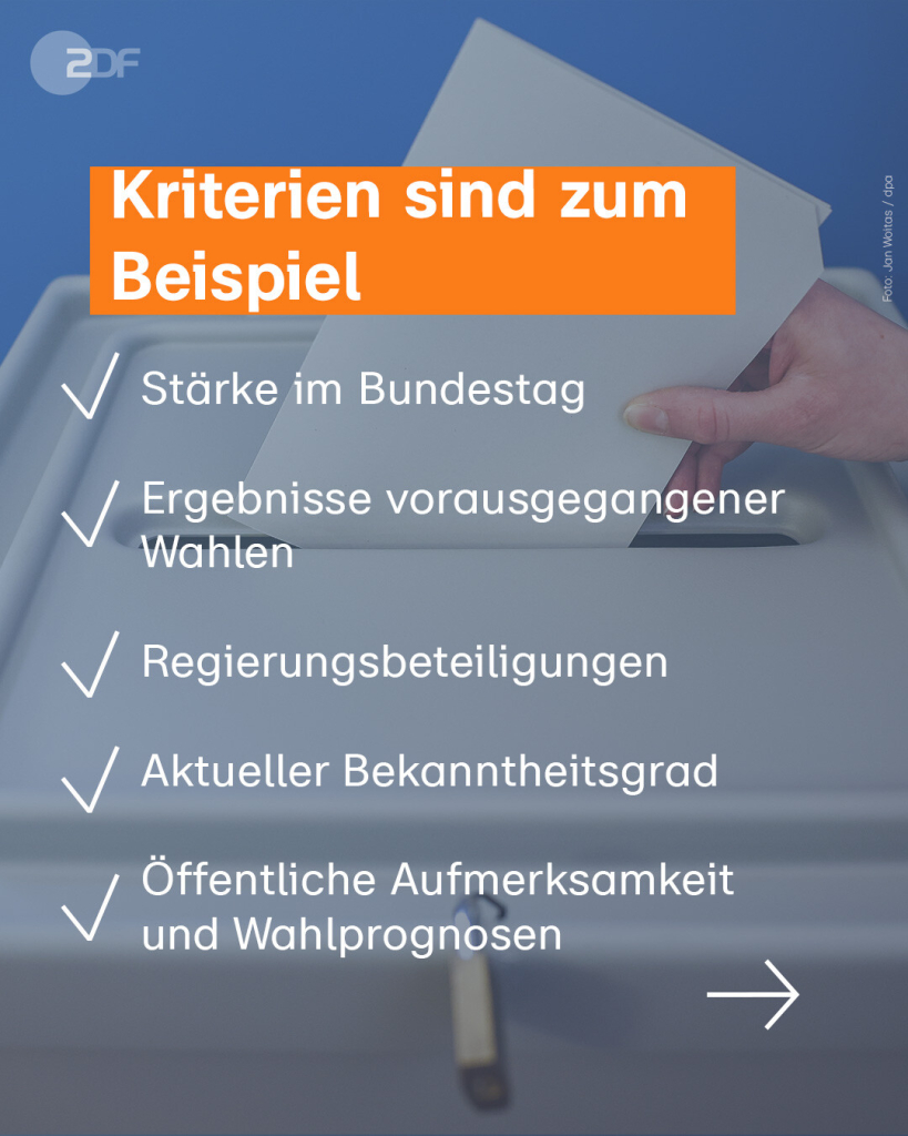 Bildtafel: Kriterien sind zum Beispiel: Stärke im Bundestag, Ergebnisse vorausgegangener Wahlen, Regierungsbeteiligungen, Aktueller Bekanntheitsgrad, Öffentliche Aufmerksamkeit und Wahlprognosen ->