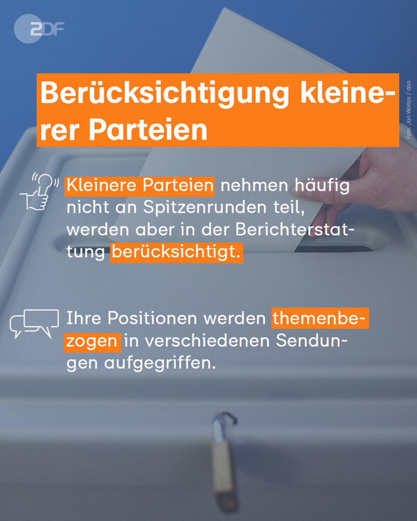 Bildtafel: Berücksichtigung kleinerer Parteien: Kleinere Parteien nehmen häufig nicht an Spitzenrunden teil, werden aber in der Berichterstattung berücksichtigt. Ihre Positionen werden themenbezogen in verschiedenen Sendungen aufgegriffen.