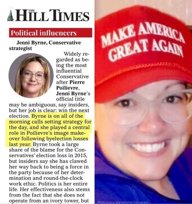 Infamous photo of influential Canadian Conservative Jenni Byrne wearing a red MAGA baseball cap "Make America Great Again"