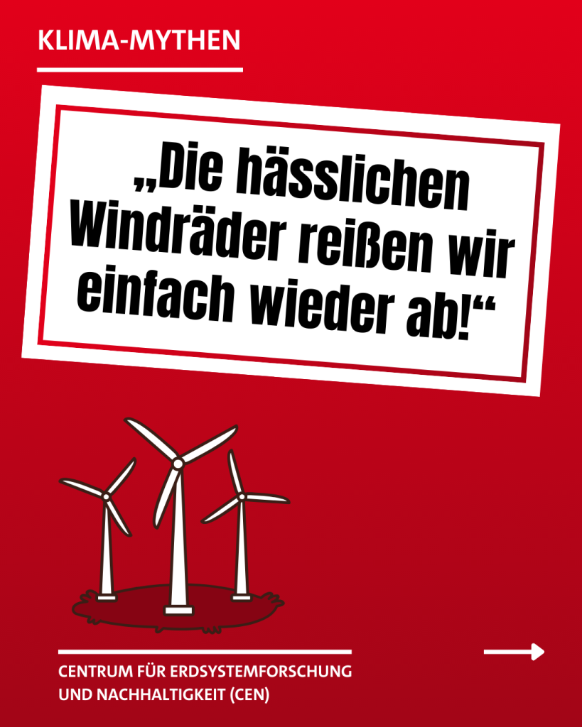 Klima-Mythen: Ein Schild mit dem Text "Die hässlichen Windräder reißen wir einfach wieder ab!"
Darunter ein Bild von drei Windrädern im Comic-Stil.