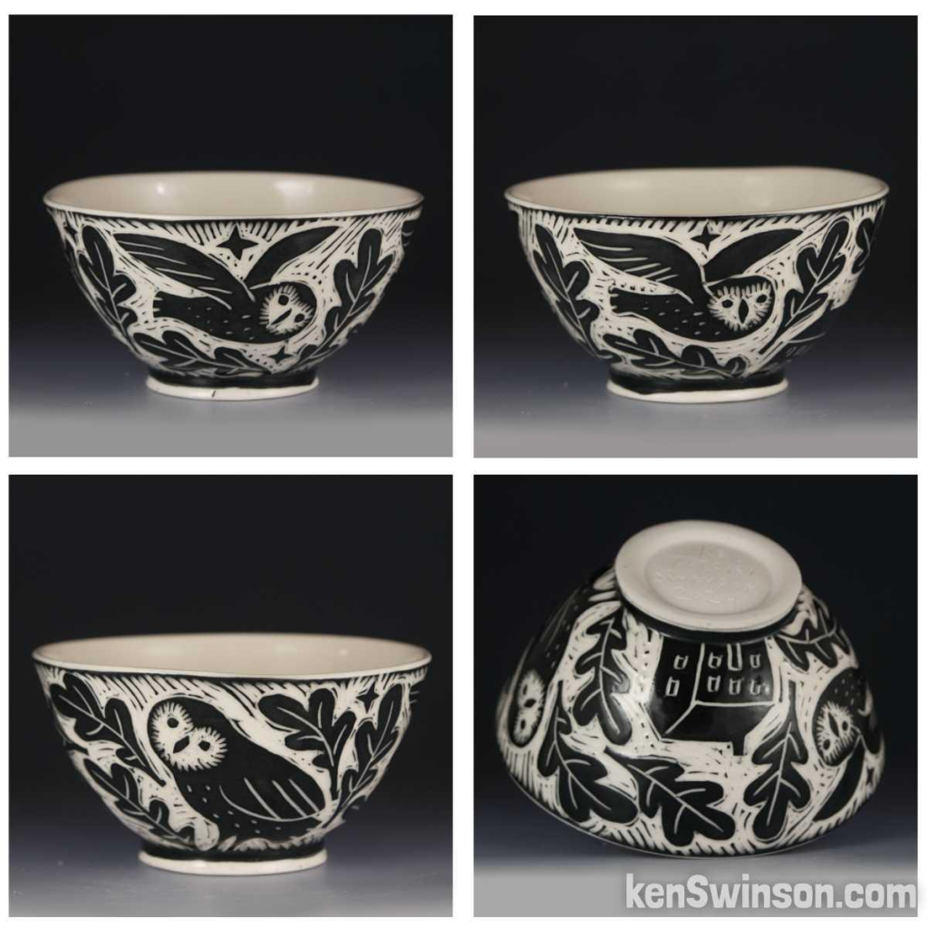 four views of a handmade pottery bowl. it is decorated with owls, oak leaves and a country house.