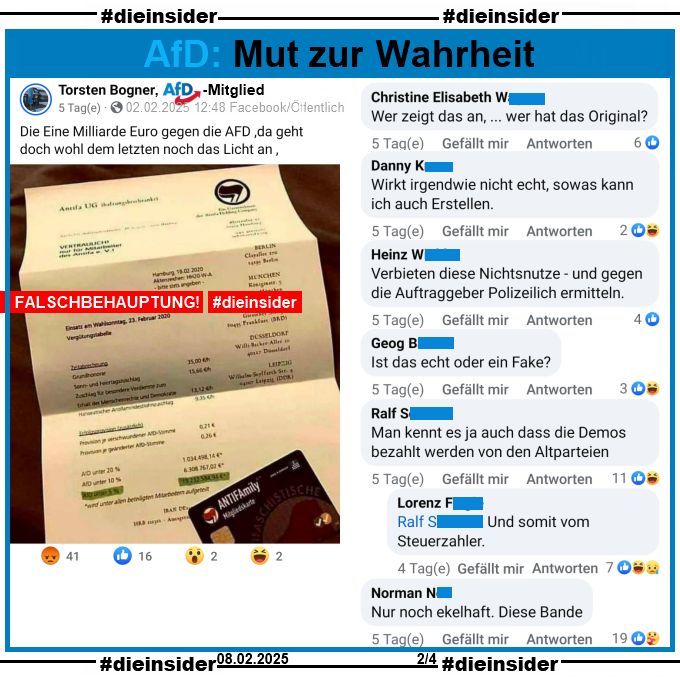 Torsten Bogner, AfD-Mitglied aus Ostfriesland, teilt ein seit 2016 im Umlauf befindliches "Antifa UG"-Fake-Schreiben!

Wir zeigen auf Slide 2 u.a. diese Kommentare des öffentlichen Posts: "Wer zeigt das an, ... wer hat das Original?", "Wirkt irgendwie nicht echt, sowas kann ich auch Erstellen.", "Verbieten diese Nichtsnutze - und gegen die Auftraggeber Polizeilich ermitteln.", "Ist das echt oder ein Fake?", "Nur noch ekelhaft. Diese Bande." und "Man kennt es ja auch dass die Demos bezahlt werden von den Altparteien." mit der Antwort "Und somit vom Steuerzahler."

