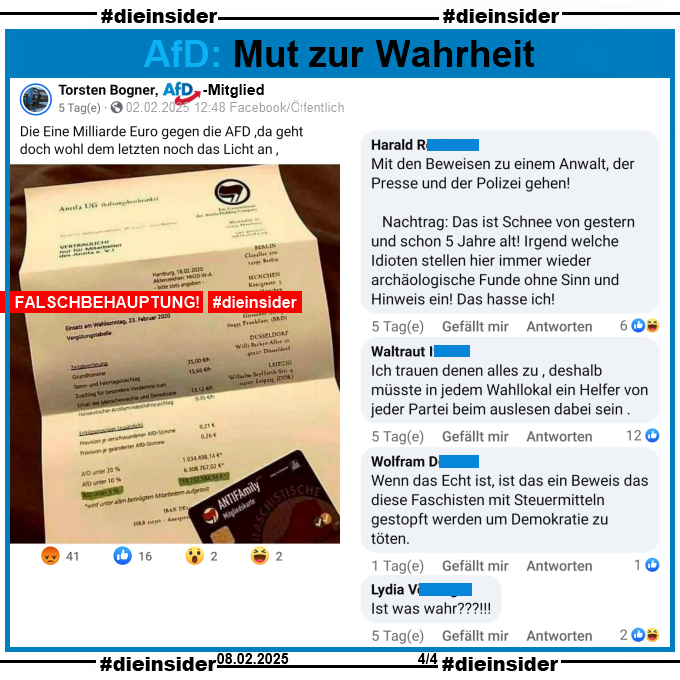 Torsten Bogner, AfD-Mitglied aus Ostfriesland, teilt ein seit 2016 im Umlauf befindliches "Antifa UG"-Fake-Schreiben!

Wir zeigen auf Slide 4 u.a. diese Kommentare des öffentlichen Posts: "Mit den Beweisen zu einem Anwalt, der Presse und der Polizei gehen! Nachtrag: Das ist Schnee von gestern und schon 5 Jahre alt! Irgend welche Idioten stellen hier immer wieder archäologische Funde ohne Sinn und Hinweis ein! Das hasse ich!", "Ich trauen denen alles zu, deshalb müsste in jedem Wahllokal ein Helfer von jeder Partei beim auslesen dabei sein.", "Wenn das Echt ist, ist das ein Beweis das diese Faschisten mit Steuermitteln gestopft werden um Demokratie zu töten." und "Ist das wahr?"
