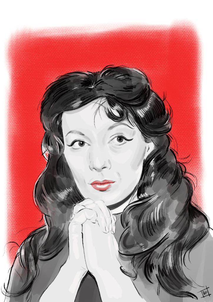 digital pencil, pastel & ink drawing of legendary french bohemian, juliette greco.
here, her perfectly lined eyes look off-camera to her left & her hands are folded in front of her, eclipsing the right side of her chin.
apart from her red lips & red pastel background, she's in black & white.