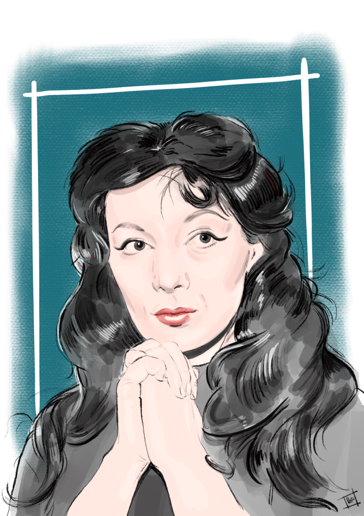 digital pencil, pastel & ink drawing of legendary french bohemian, juliette greco.
here, her perfectly lined eyes look off-camera to her left & her hands are folded in front of her, eclipsing the right side of her chin.
apart from her red lips & spruce pastel background, she's in black & white.