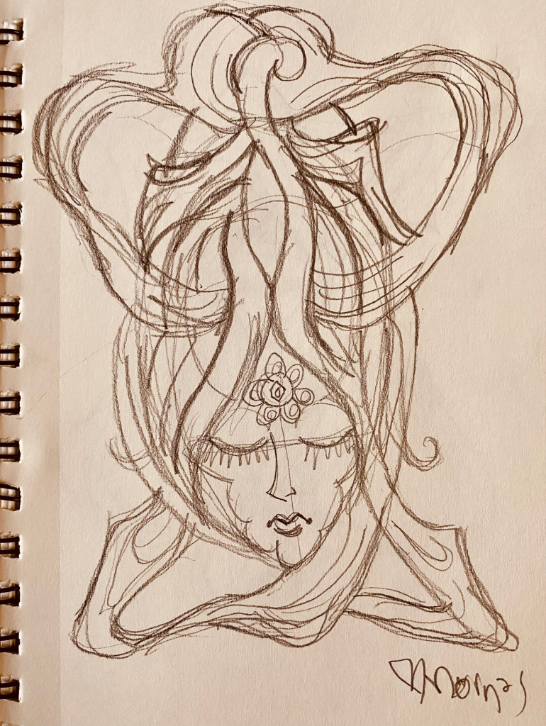 Initial pencil sketch of the Art Nouveau goblet.
A woman’s face, surrounded by her twisted hair.