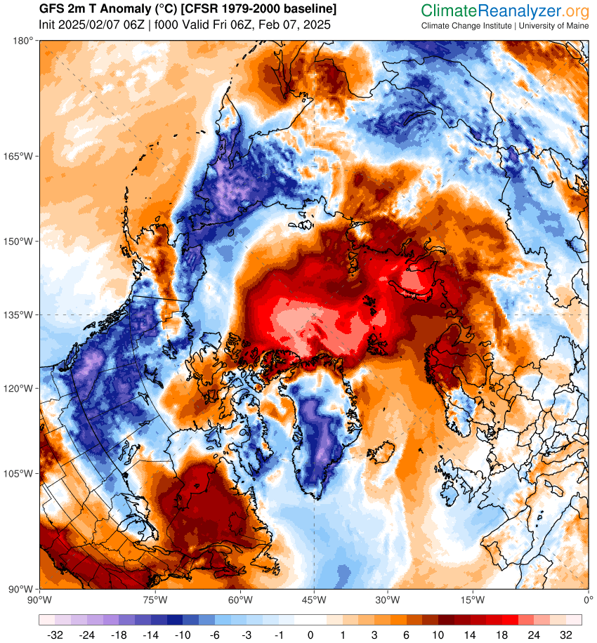 Map of 2-m air temperature anomalies from the 6z GFS forecast on 7 February 2025 showing the Northern Hemisphere. Temperature are well above average over the Arctic, but colder around the nearby continental land regions.