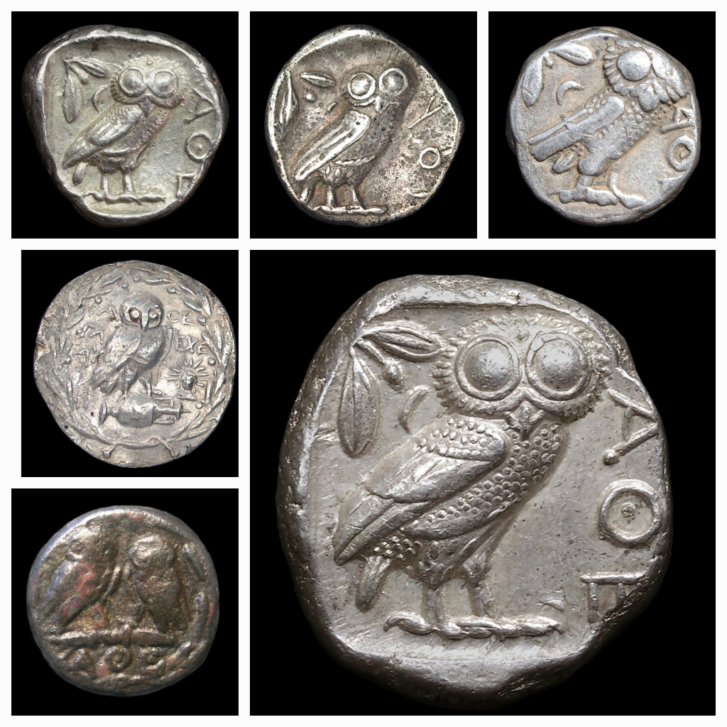 Collage of 6 ancient coins with an Owl motif. Only the reverse 'tails' sides are shown. Main box lower right and 5 smaller boxes bordering. Description as main text other than to mention that style varies according to era