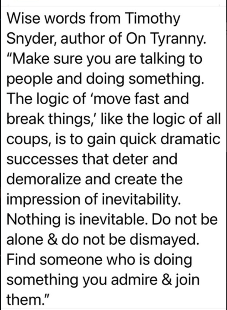 Wise words from Timothy Snyder, author of On Tyranny. "Make sure you are talking to people and doing something. The logic of 'move fast and break things,' like the logic of all coups, is to gain quick dramatic successes that deter and demoralize and create the impression of inevitability. Nothing is inevitable. Do not be alone & do not be dismayed. Find someone who is doing something you admire & join them."