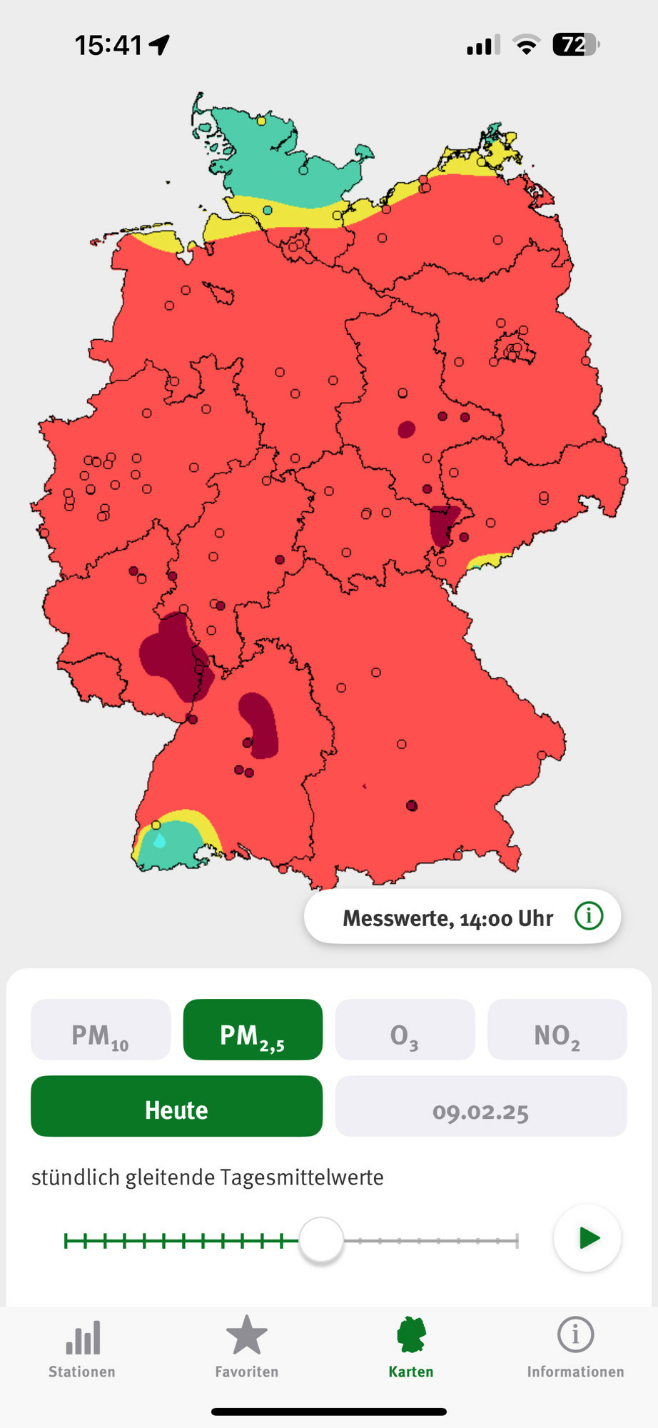 Deutschlandkarte schadstoffmessungen Messwerte 14 Uhr gestern