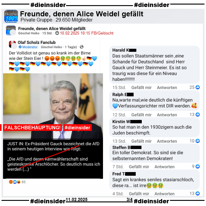 Geteilt wurde das Bild mit Alt-Bundespräsident Joachim Gauck und dem Fake-Zitat "Just in: Ex-Präsident Gauck bezeichnet die AfD in seinem heutigen Inteview wie folgt: <Die AfD und deren Kernwählerschaft sind geitseskranke Arschlöcher. So deutlich muss ich werden (…)>" auch in der privaten Gruppe "Freunde, denen Alice Weidel gefällt".

Auch hier schreibt der Verfasser "Der Vollidiot ist genau so krank im der Birne wie der Stein Eier!"
Die Screenshots haben wir gestern am 11.02. gemacht und mittlerweile wurde der Beitrag gelöscht.

Wir zeigen auf Slide 3 die Kommentare "Das sollen Staatsmänner sein, eine Schande für Deutschland sind Herr Gauck und Herr Steinmeier. Es ist so traurig was diese für ein Niveau haben!", "Na, warte mal, wie deutlich die künftigen Verfassungsrichter mit DIR werden.", "So hat man in den 1930zigern auch die Juden beschimpft.", "Ein toller Demokrat. So sind sie die selbsternannten Demokraten!" und "Sagt ein krankes seniles stasiarschloch, diese ra... ist irre."
