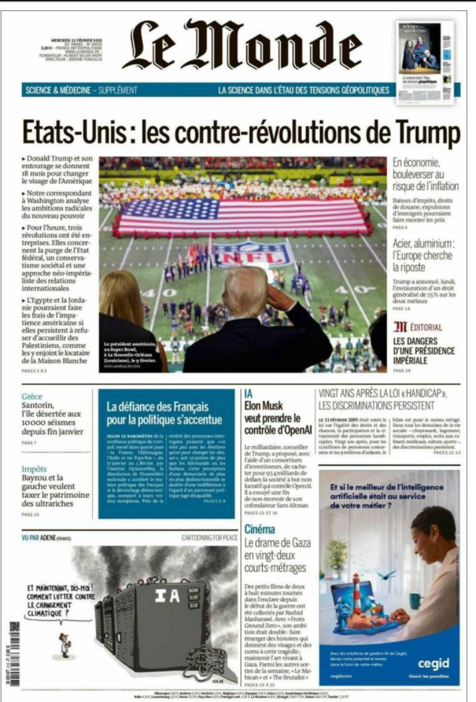 Le Monde from France showcases the imperial presidency of Trump and the dangers 