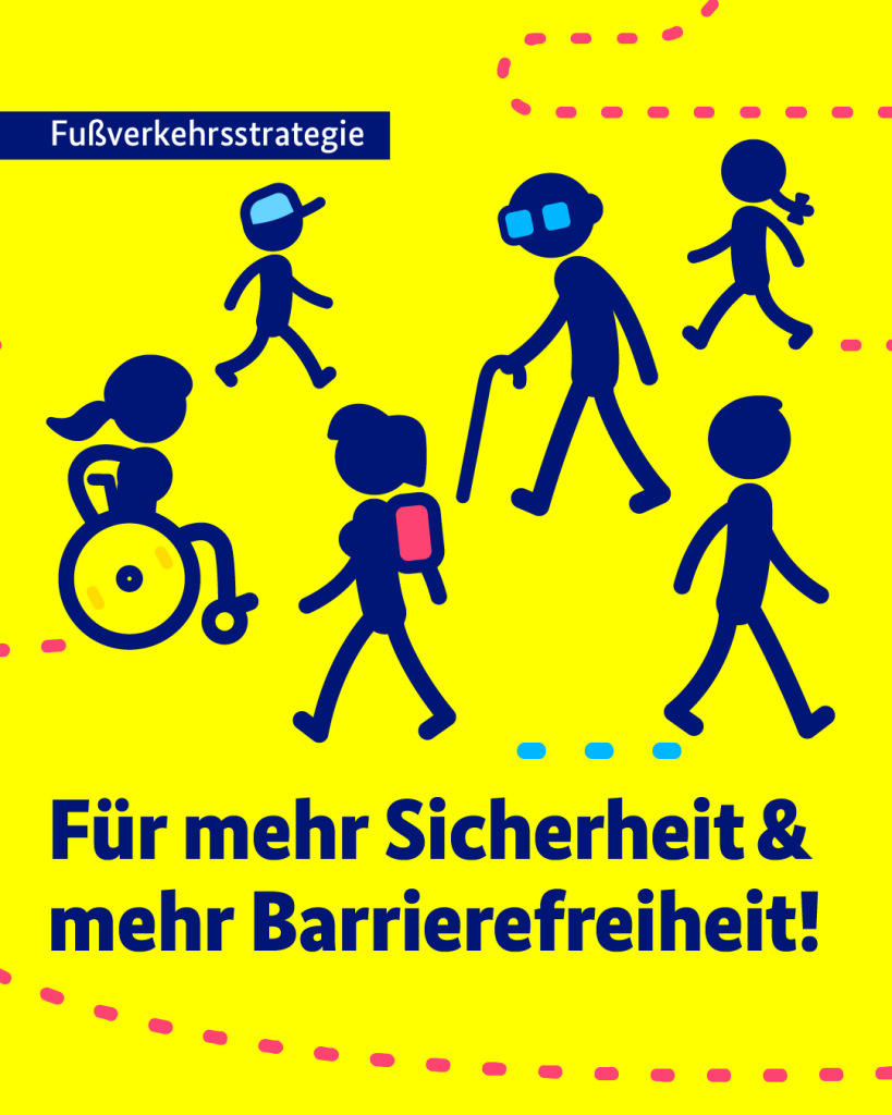 Auf der gelben Grafik steht folgender Text: Fußverkehrsstrategie für mehr Sicherheit und mehr Barrierefreiheit! Abgebildet sind verschiedene zu Fuß gehende Personen, Kinder, ältere Menschen sowie eine Person im Rollstuhl. 

