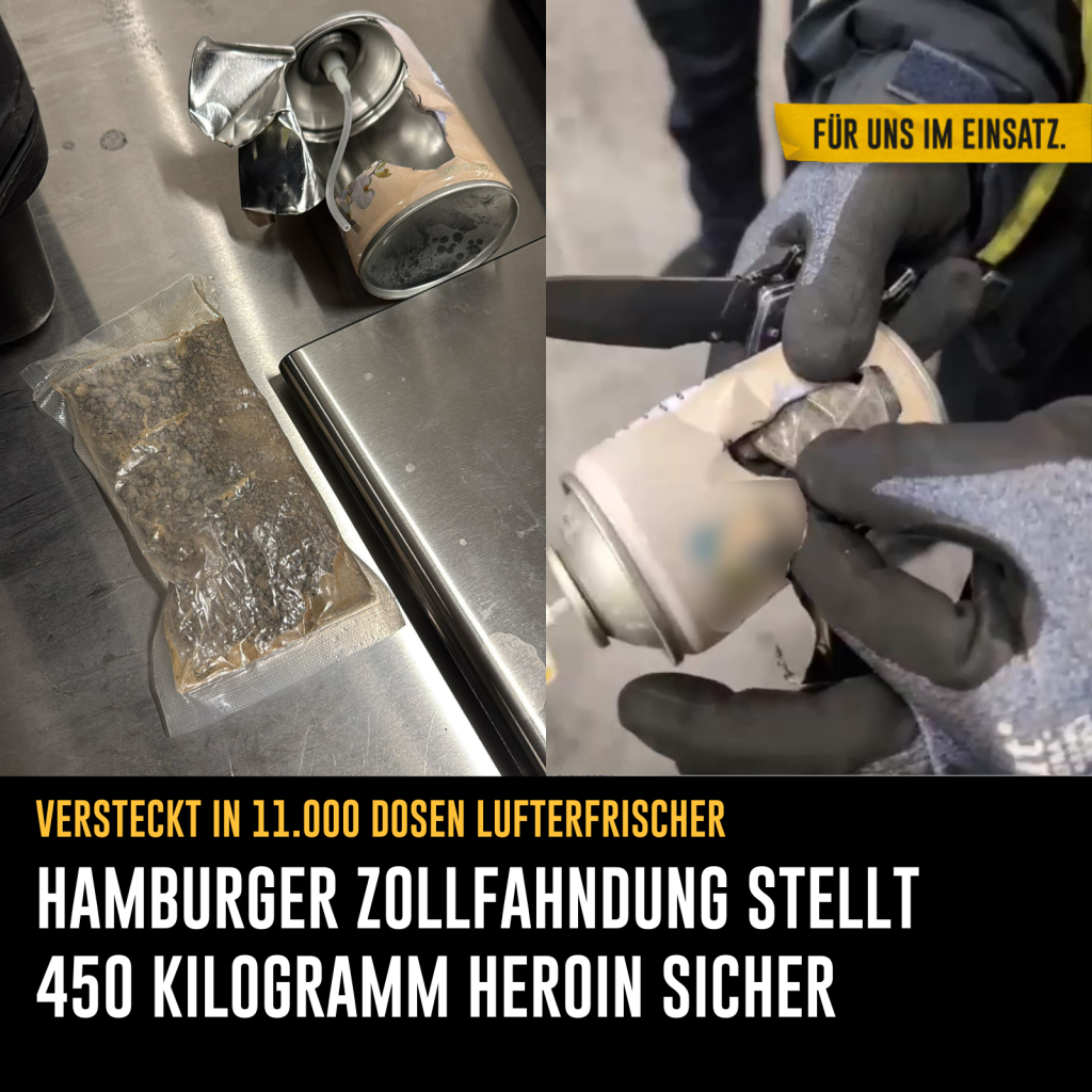 Foto: Collage aus zwei Bildern. Links sieht man eine aufgeschnittene, leere Dose und daneben einen Plastikbeutel mit Heroin. Rechts sieht man eine Dose mit Loch, aus der jemand einen Beutel mit Heroin herauszieht.
Text: Versteckt in 11.000 Dosen Lufterfrischer - Hamburger Zollfahndung stellt 450 Kilogramm Heroin sicher