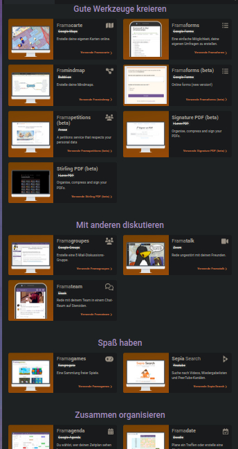 Ausschnitt aus dem Überblick der Services von Framsoft